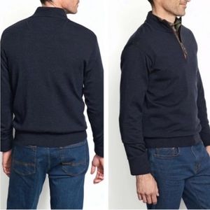 Orvis navy blue brown leather 3/4 Zipup pullover wool sweater old money …